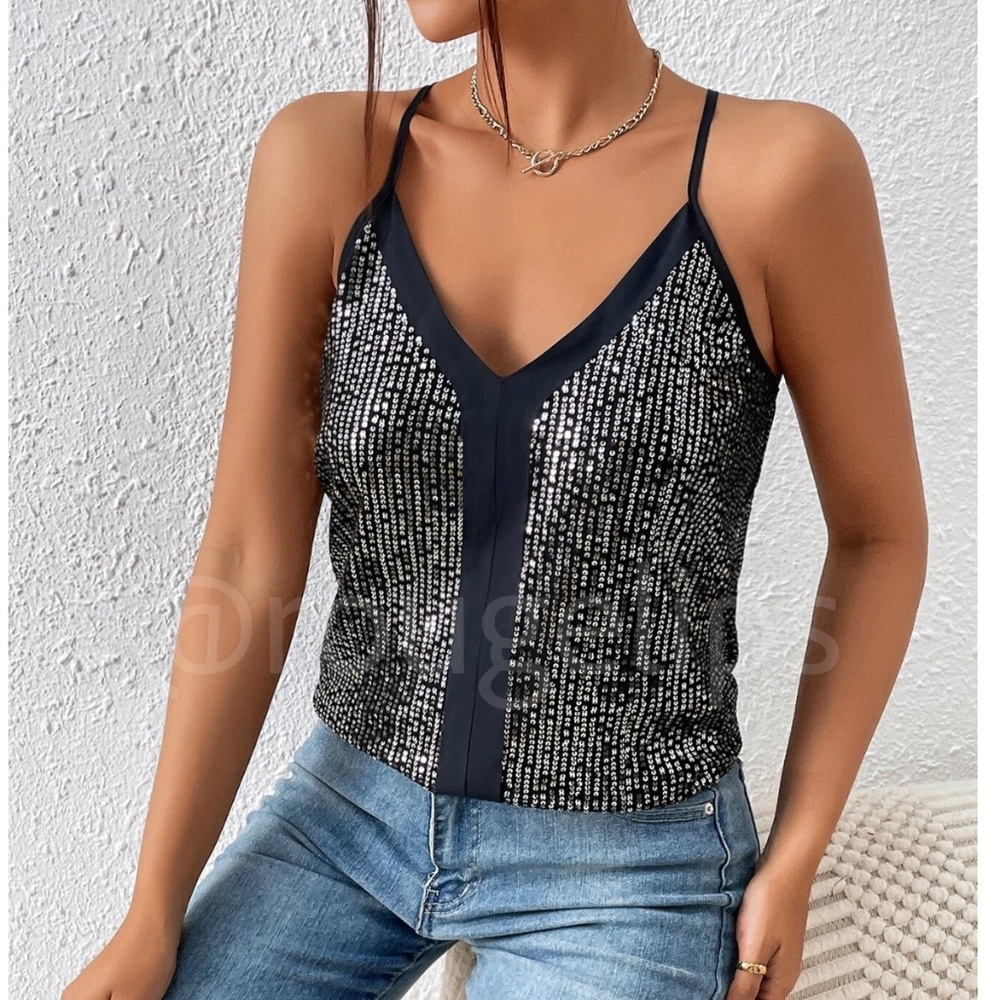 Metallic Sequin Detail Black Cami Top